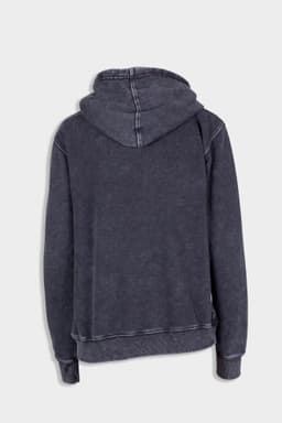 A grey stone wash fleece hoodie with a hood and a logo on the back.
