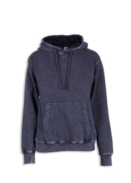 A women's junior stone wash fleece hoodie in dark grey with a front pocket and a hood. Features stitching details.