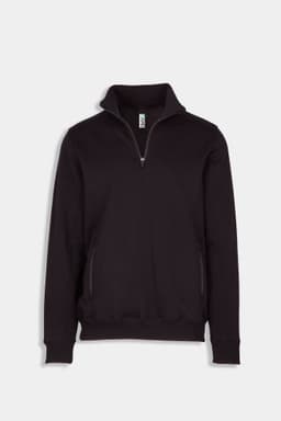 A black men's half zip fleece jumper with a zippered neck and side pockets, featuring a logo.