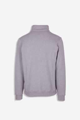 A grey men's half zip fleece jumper with a fitted collar and long sleeves. Features a logo on the back.