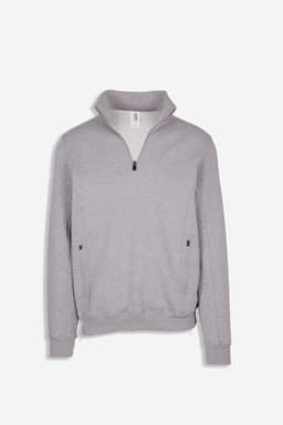 A grey half-zip fleece jumper with a collar and side pockets. It features a subtle logo.