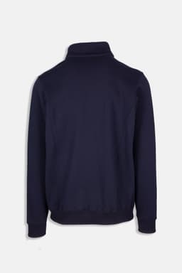 A navy blue men's half zip fleece jumper featuring a stand-up collar and ribbed cuffs. It has a logo on the back.
