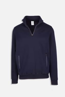 A navy half zip fleece jumper with side pockets and a small logo on the collar.