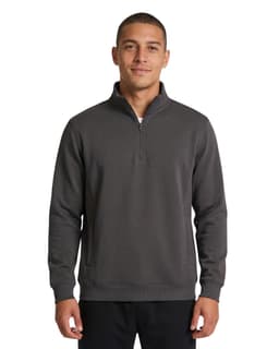 A navy blue men's half zip fleece jumper displayed on a model, featuring a zippered neck and side pockets.