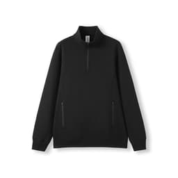 A black half zip fleece jumper with a stand collar and side pockets, featuring a logo.