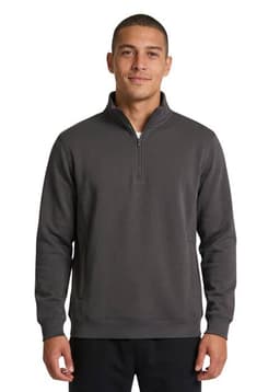 A navy half zip fleece jumper for men, featuring a stand-up collar and side pockets. It has a logo on it.