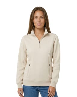 A grey women's half zip fleece jumper with side pockets, featuring a collar and soft fabric.