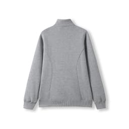 A grey women's half zip fleece jumper featuring a fitted design and a collar, with a logo on the sleeve.