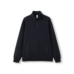 A navy blue women's half zip fleece jumper with zippered pockets and a collar. It features a logo.