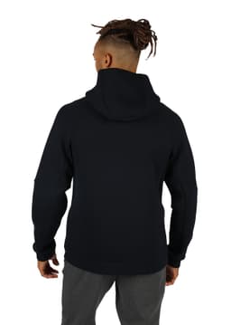 A black men's hoodie with a spacious hood, featuring a simple design and a logo on the back.