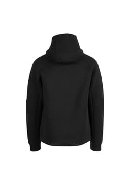 A black hoodie featuring a snug fit and a spacious hood, with a comfortable design and a branding logo.