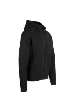 A black hoodie with a front zipper and a hood, featuring side pockets and a smooth fabric texture.