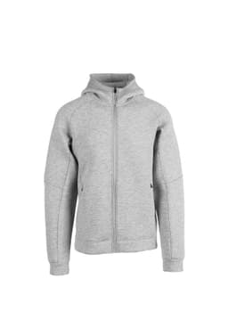 A grey zip-up hoodie with a hood and pockets, featuring a subtle logo.