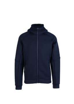 A navy blue hoodie with a zip front, high collar, and side pockets, featuring a logo.