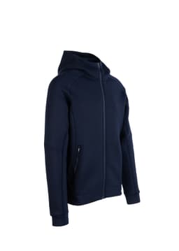 A navy blue men's hoodie with a zip front and a hood, featuring side pockets and a logo.