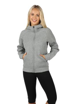 A grey zip-up hoodie designed for women and juniors, featuring a high collar and side pockets.