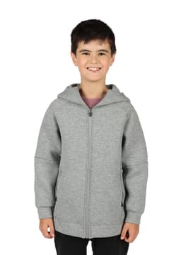 A grey hoodie featuring a spacious hood and kangaroo pocket, with a logo on the side.