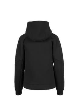 A black women's/junior hoodie with a hood and long sleeves, featuring a logo.