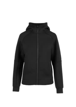 A black women's junior hoodie with a zip front and a hood, featuring a logo on the chest.