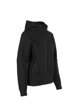 A black hoodie with a full zip and side pockets, featuring a fitted design and a hood.