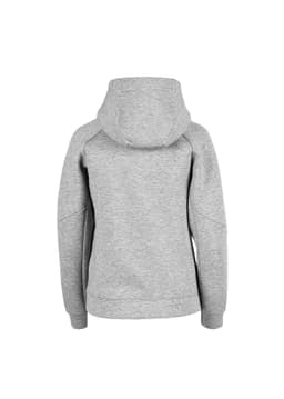 A grey women's junior hoodie featuring a hood and a simple design, with a brand logo on the back.