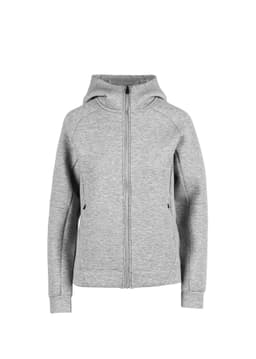 A grey women's/junior hoodie with a zip front and a hood. It has a logo on it.