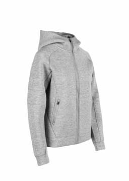 A grey hoodie with a zip front and hood, featuring side pockets and a logo.