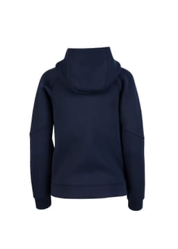 A navy women's/junior hoodie featuring a relaxed fit and a large hood, with a plain back design. It has a logo.