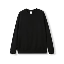 A black cotton sweatshirt with a classic crew neck and long sleeves. It features a minimalistic design and a label.
