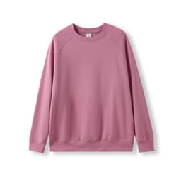 A pink sweatshirt with a classic crew neck and long sleeves, featuring a simple design and a logo.