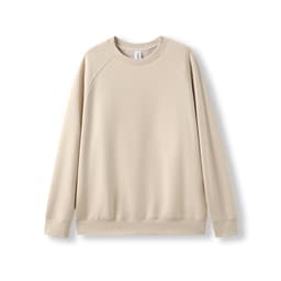 A beige adults' cotton sweatshirt with a relaxed fit and raglan sleeves. It has a logo on a tag.