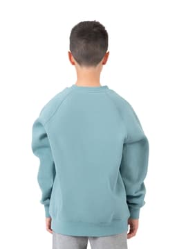 A cotton sweatshirt in a soft teal colour, worn by a child with styled hair and a relaxed expression.
