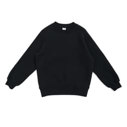 A black kids' cotton sweatshirt with a classic crew neck and ribbed cuffs. Features a logo on the label.