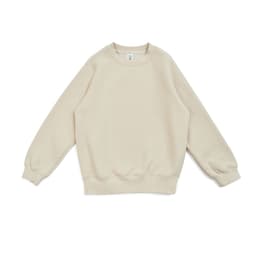 A beige cotton sweatshirt with a round neckline and long sleeves, featuring a logo on the label.