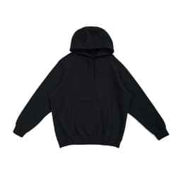 A black cotton hoodie featuring a kangaroo pocket and a hood, with a logo on the front.