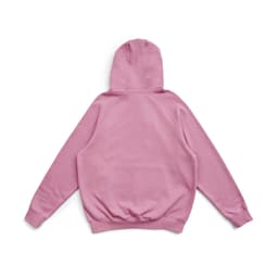 A pink kangaroo hoodie featuring a hood and ribbed cuffs, showcasing a simple design without visible branding.