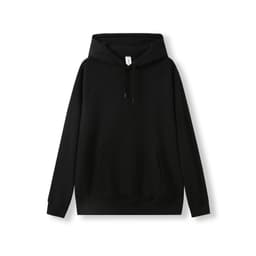 A black kangaroo hoodie with a front pocket and an adjustable hood, made from cotton.