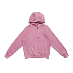 A pink kangaroo pocket hoodie with a hood and long sleeves. Features a logo on the front.