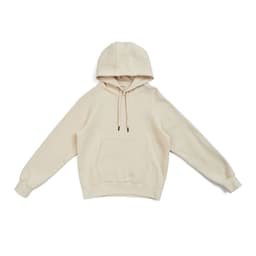 A beige women's cotton hoodie with a kangaroo pocket and a hood. It features long sleeves and a relaxed fit.