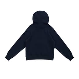 A navy women's cotton hoodie with a kangaroo pocket and a drawstring hood, featuring long sleeves.