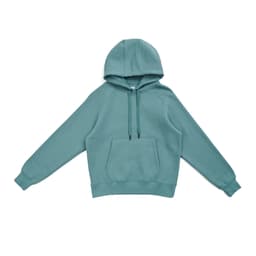 A teal women's cotton hoodie featuring a kangaroo pocket and a drawstring hood.