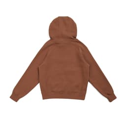 A brown women's junior cotton hoodie with a kangaroo pocket and a hood, featuring a logo.
