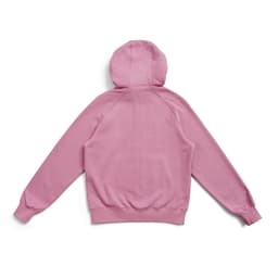 A pink women's junior cotton hoodie with a kangaroo pocket and a hood, featuring a logo.