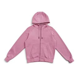 A pink zip-up hoodie featuring a kangaroo pocket and a hood, with branding on the garment.