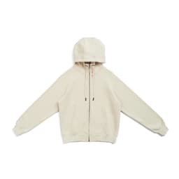 A cream zippered hoodie with a kangaroo pocket and drawstring hood. Features long sleeves and a branding logo.