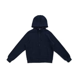 A navy zip-up hoodie with a kangaroo pocket and a hood. It features a logo on the front.