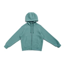 A green women's cotton hoodie with a kangaroo pocket and zipper, featuring a hood and ribbed cuffs.