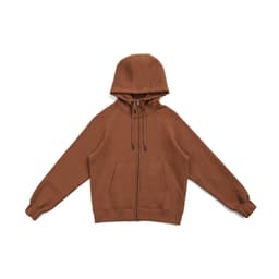 A brown women's cotton zip-up hoodie featuring a kangaroo pocket and a hood, with a logo on the front.