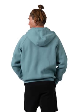 A teal men's cotton hoodie with a kangaroo pocket and zip closure, featuring a logo on the front.