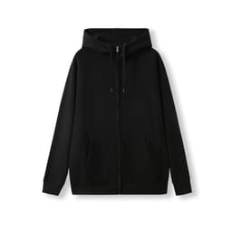 A black men's cotton hoodie with a kangaroo pocket and a zipper, featuring a logo on the front.